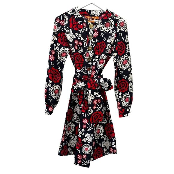 Tory Burch Red Navy Floral Silk Button Front Dress Size 2 - Picture 6 of 7